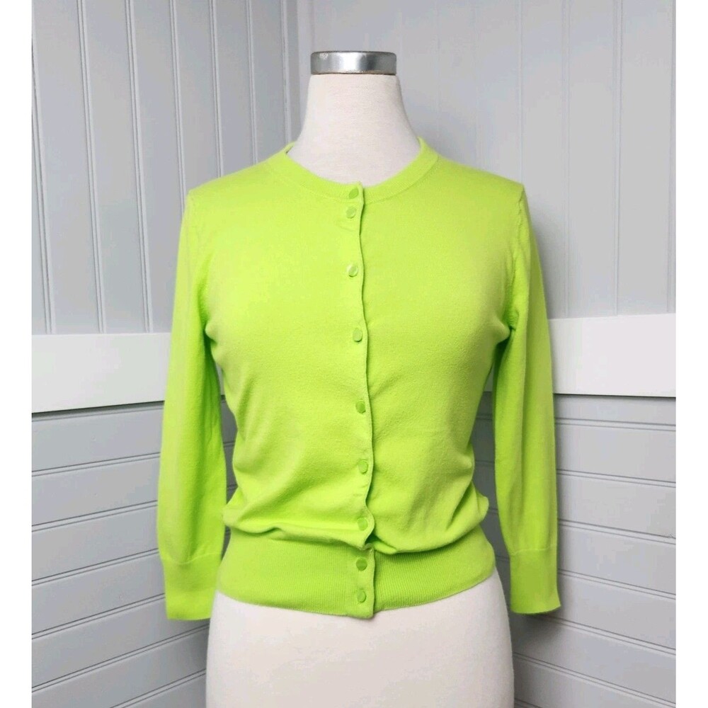 Crown & Ivy Knit Cardigan Sweater Lime Green Womens S 3/4 Sleeve Short Bright